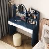 Table Set with HD Mirror Cushion Stool and Large Drawers Mini Makeup Dressing Desk Furniture for Apartment Bedroom/Girls Gift Blue