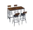 Pub High Dining Table 5 Piece Set, Industrial Style Pub Table, 4 PU Leather Bar Chairs for Kitchen Breakfast Table, Living Room, Bar, Rustic Brown