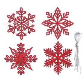 100pcs Christmas Snowflake Ornaments, Plastic Glitter Snow Flakes Ornaments for Christmas Tree (Color: Red)