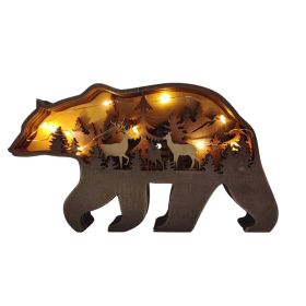 Wooden Animal Wolf Statue Creativity Wolf Totem Office Home Decorate Crafts Christmas Gift North Forest Elk Brown Wolf Ornaments (Color: Bear, size: With light)