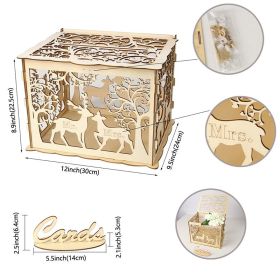 Wooden Wedding Card Boxes Case With Lock DIY Couple Deer Bird Flower Pattern Grid Card Wooden Box Birthday Wedding Supplies (Color: Type D, size: Others)