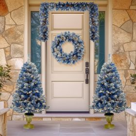 Pre-lit Xmas Tree Artificial Christmas 4-Piece Set,Garland, Wreath and Set of 2 Entrance Trees X-mas with LED Lights, Christmas Tree (Material: PVC, Color: Blue)