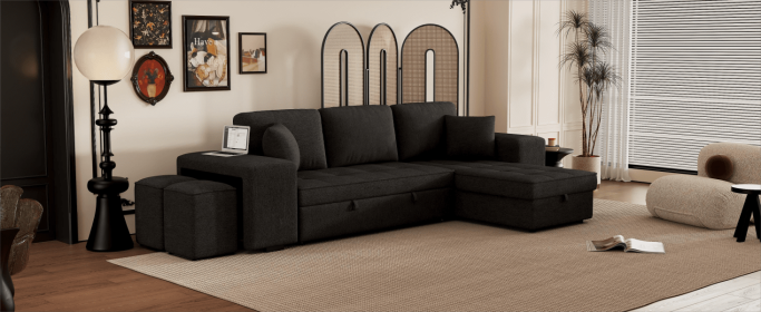 104.5" Modern L-Shape 3 Seat Reversible Sectional Couch, Pull Out Sleeper Sofa with Storage Chaise and 2 Stools for Living Room Furniture Set (Color: as Pic)